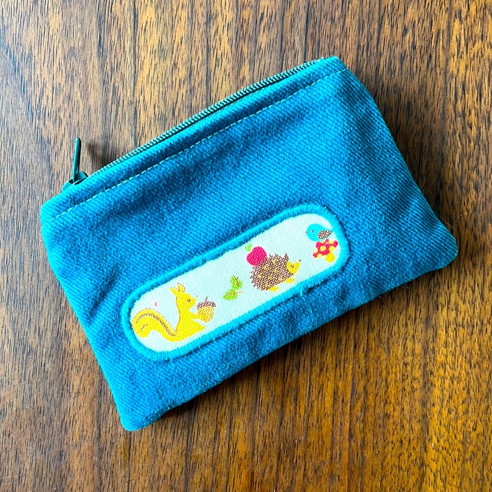 Small Zippered Pouch with Squirrel, Hedgehog, and Blue Bird